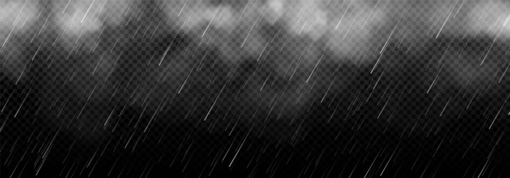 Realistic rainy and cloudy weather effect. Vector illustration of pouring rain with heavy clouds and falling raindrops isolated on dark background. Transparent overlay effect of autumn rainfall.