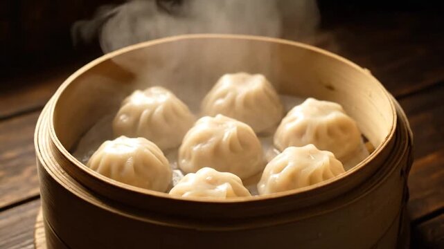 Steaming Dumplings in Bamboo Steamer.