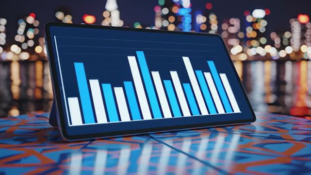 Tablet displaying business chart graphic on a table at night for finance