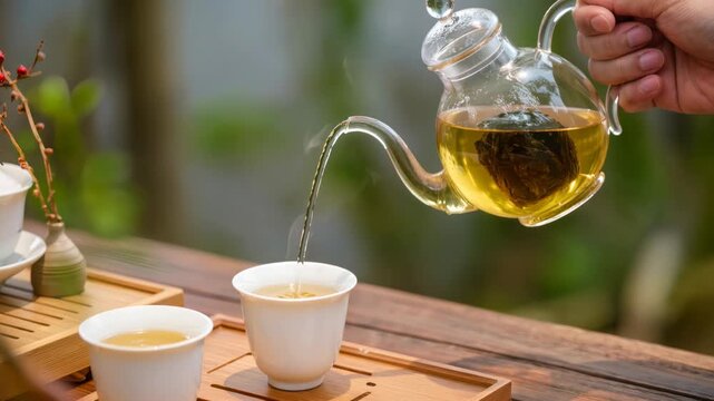 Hand pours hot green tea from a transparent glass teapot into a white cup on a wooden tray. Scene of relaxation, tradition, and peaceful tea ritual in outdoor environment.