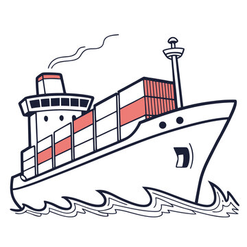 A large cargo ship sailing on a choppy sea with a lighthouse in the background. Vector