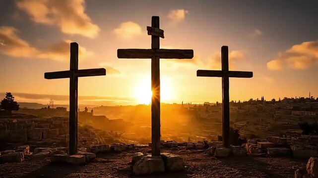Three Wooden Crosses on Hill at Golden Sunrise, Symbol of Crucifixion, Faith, Christianity and Resurrection in Cinematic 4K Landscape