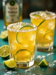 Fototapeta premium Refreshing margarita cocktails with lime and salt rim on bar table, chilled tequila drinks with ice and citrus slices, summer party beverage and nightlife concept 