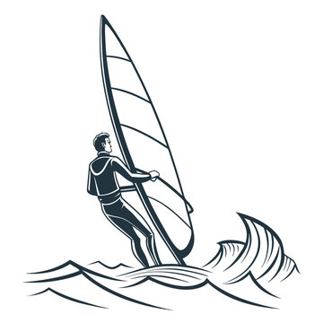 A person windsurfing on a choppy sea with a sail and a board Vector