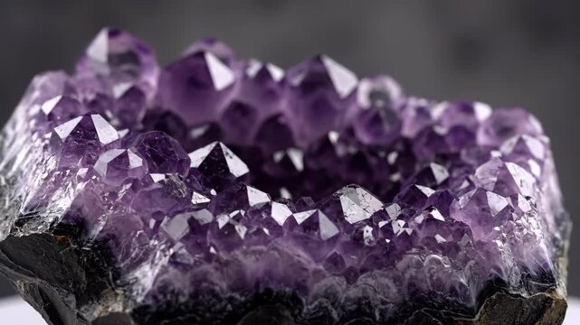 A detailed close-up of a vibrant purple amethyst geode, showcasing its intricate crystal formations and rich color.