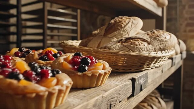 Freshly baked pastries and bread on wooden shelves at a bakery. Assortment of croissants, fruit tarts, and loaves for breakfast.