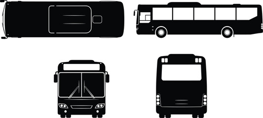 City bus silhouette blueprint set showing front side back and top view for public transportation vehicle design and transit engineering. © Shahanaj