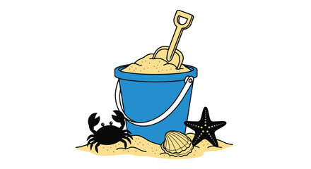 A blue bucket filled with sand a shovel and beach elements © Tm Studio