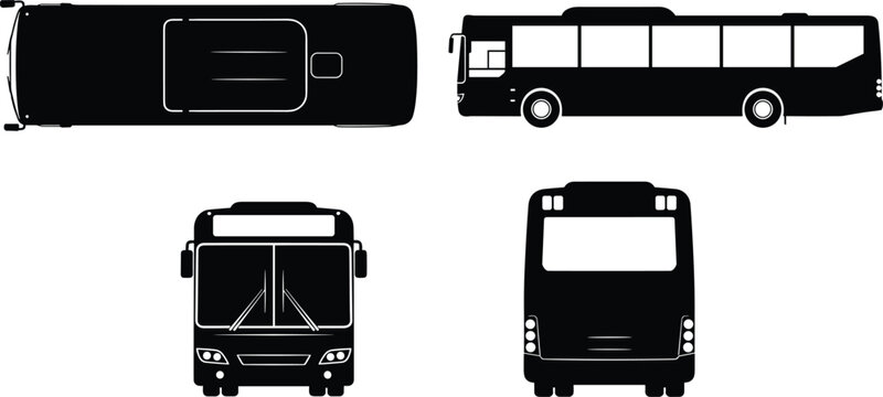City bus silhouette blueprint set showing front side back and top view for public transportation vehicle design and transit engineering.