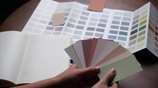 fanning paint shade cards along with other material samples spread on office desk, Dubai Interior design at work