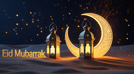  Illuminated Arabic Lantern glowing  eid mubarak banner