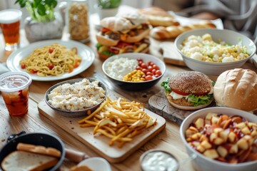 A delightful spread of various delicious foods including burgers pasta salad and fries perfect for gatherings or events. Satisfy your cravings with this enticing feast. Generative AI