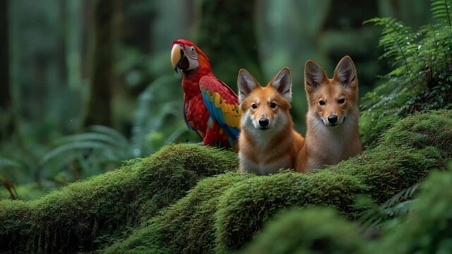 In a breathtaking forest scene, two playful foxes sit among lush green moss, while a brilliant parrot perches nearby, showcasing their vibrant colors and tranquil habitat