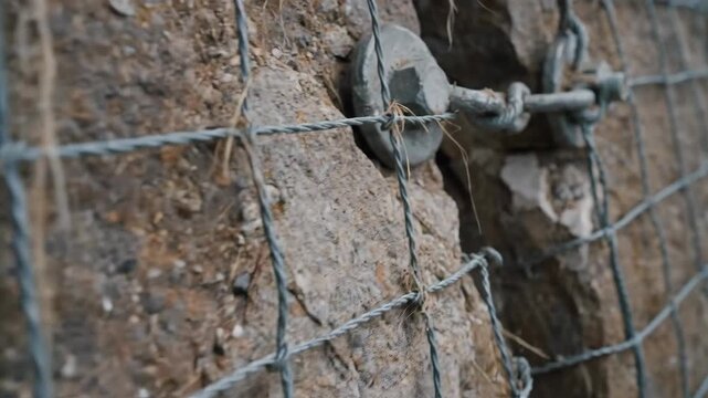 A detailed shot showcasing the robust engineering of a rockfall protection system on a steep mountain.