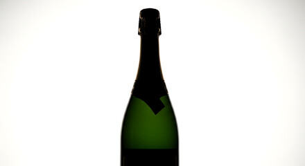 Silhouette of a green champagne bottle against a bright white background.