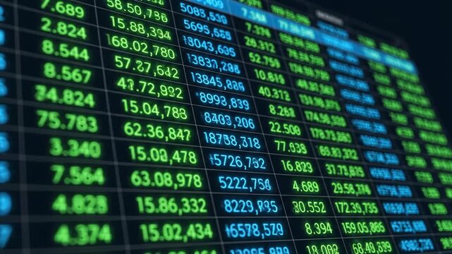 Stock market data stream display with green and blue number ticker
