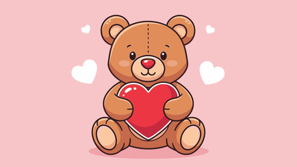Obraz premium Cute Teddy Bear Holding Red Heart, Valentine's Day Illustration, Love Symbol
