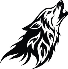 Obraz premium Expressive stylized black wolf head howling loudly with unique flowing tribal marks