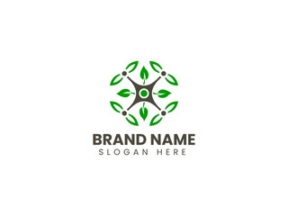 Fototapeta premium Eco farming drone logo with green leaf simple minimalist vector illustration template
