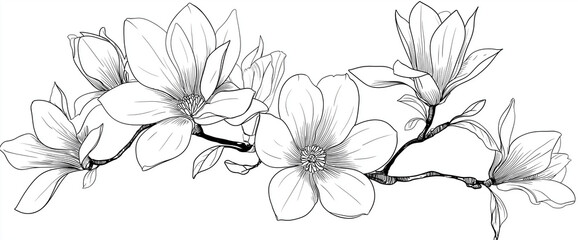 a simple line drawing of flowers and leaves on the right side, black lines, white background, vector illustration style, flat design, magnolia flower branch, simple stroke details, hand-drawn style, c