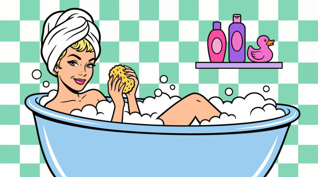 Retro Pop Art Woman Relaxing in Bubble Bath with Towel and Sponge. Vintage Comic Book Style Beauty Routine and Self-Care Illustration.