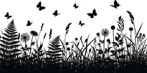 Black meadow silhouette with wild grass fern and flowers, flying butterflies in garden field, cad drawing flat vector illustration background. © mstHasina