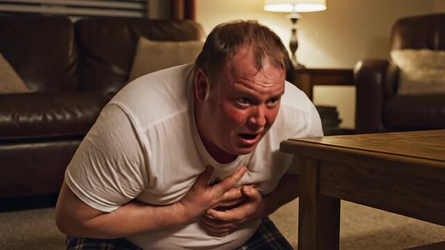 Man suffering from chest pain at home. Emergency medical situation of male heart attack. Adult disease and health problem concept.