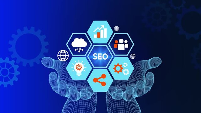 Search Engine Optimization SEO concept with business icons and futuristic hands, SEO management and data analytics concept