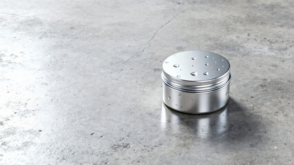 Silver round tin container with droplets on wet concrete surface in a modern setting