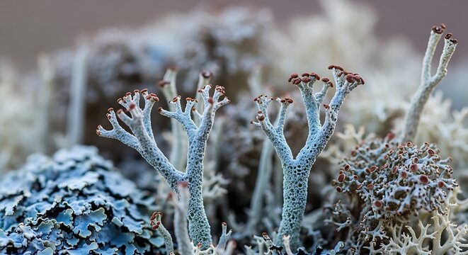 Macro Detail of Cladonia Lichen with Brown Fruiting Bodies, Intricate Textures of Blue Reindeer Moss on Forest Floor