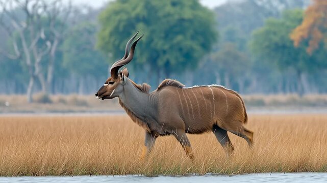 A stunning adult kudu moves through the tall yellow grasses of the open savannah, showcasing its elegant horns and strong physique. Nature's beauty is on full display in this serene landscape