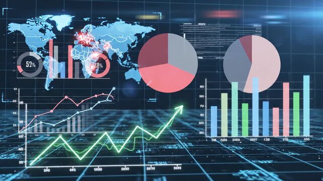 Financial data visualization with world map and charts animation