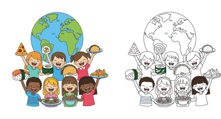 Naklejka premium Happy diverse children holding international food around cartoon earth globe, vector illustration isolated on white, coloring page outline included for education.