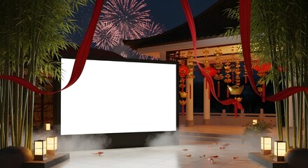 A dynamic and colorful image capturing a traditional Chinese celebration scene, with elaborate red lanterns, golden elements, and hints of fireworks framing a prominent white blank area. This space is