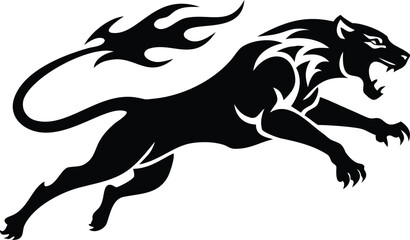 Obraz premium Powerful black panther silhouette with prominent tribal flames on its tail and body pounces