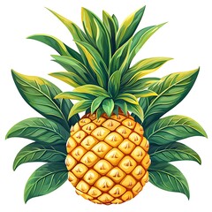Obraz premium Ripe Yellow Pineapple Surrounded by Large Green Leaves on photo White Background fruit