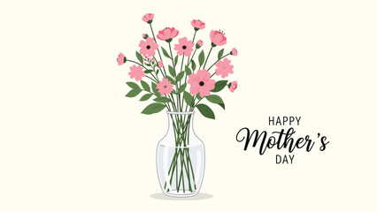 Elegant bouquet of pink garden flowers in a clear glass vase with a happy mother's day greeting text on cream.