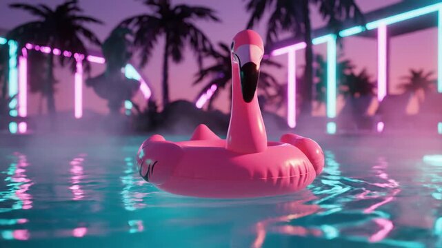 Retro Flamingo Pool Float at Neon Night Resort with Palm Trees