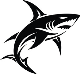 Obraz premium Powerful black tribal shark design with fierce eyes and sharp teeth on a clean white background