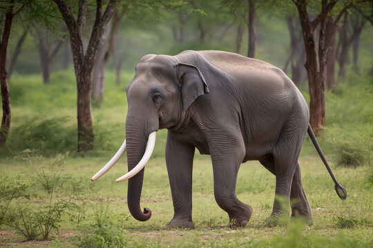 wild aggressive asian elephant or Elephas maximus indicus roadblock walking head on in summer season 