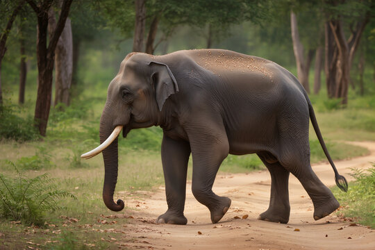 wild aggressive asian elephant or Elephas maximus indicus roadblock walking head on in summer season 