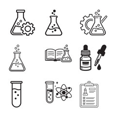 Chemistry icon set. Containing Laboratory test flask, reaction tube, chemistry lab, experiment, Chemical formula, Microscope, and more. Outline Icon Collection. Vector illustration. Editable stroke