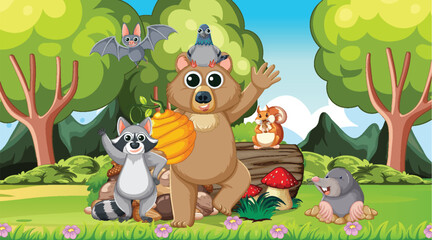 Obraz premium Cartoon Forest Animals Gathering in Sunny Woodland Scene