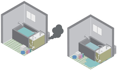 アイソメトリックなバランス釜のお風呂の故障をイメージした素材セット