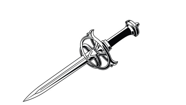 Detailed black and white line art illustration of a medieval rapier sword with an ornate hilt guard and sharp blade.