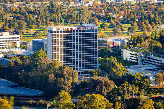 Scenic aerial view of Hollywood Sheraton Universal Hotel on summer day