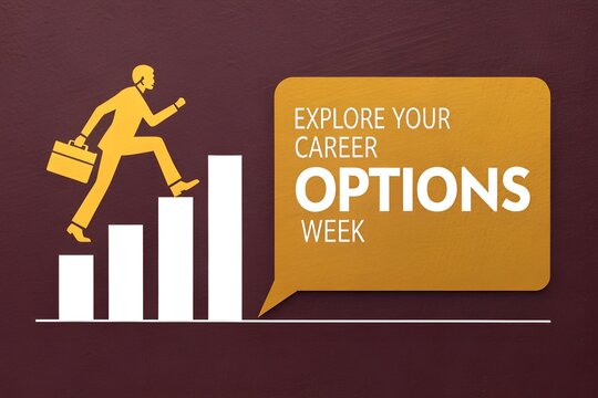 Yellow silhouette businessman climbs increasing white bar graph next to orange speech bubble promoting career options week event awareness
