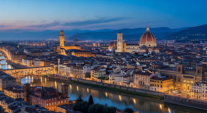 Bird's eye view of Florentine Renaissance architecture Duomo and Arno River Italy