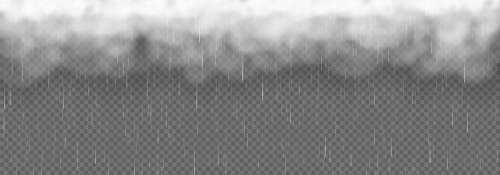 Heavy vertical rainfall and white clouds. Vector illustration of summer or autumn atmospheric precipitation with realistic raindrops and storm clouds isolated on grey checkered background.