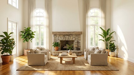 Fototapeta premium Bright and spacious living room interior with stone fireplace and large windows